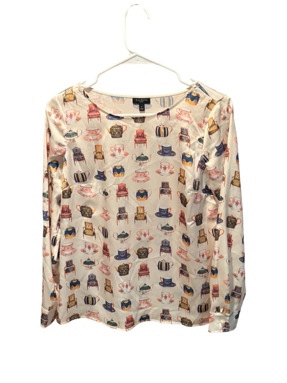 Talbots Petites Tea Time Novelty Print Long Sleeve Top Cream SP